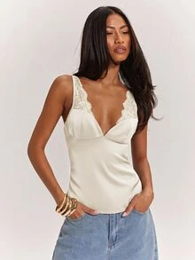SHEIN BAE 黑色性感透视蕾丝拼接缎面吊带背心，适合性感上衣、夜店上衣、约会、早午餐、邮轮旅行、工作场合，优雅性感 - 杏色 - 查看 5