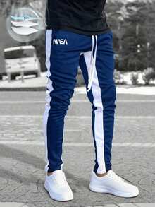 Manfinity Homme Quần nỉ nam họa tiết chữ tương phản đường may bên hông có dây rút ở eo - Màu xanh hải quân - Xem 1