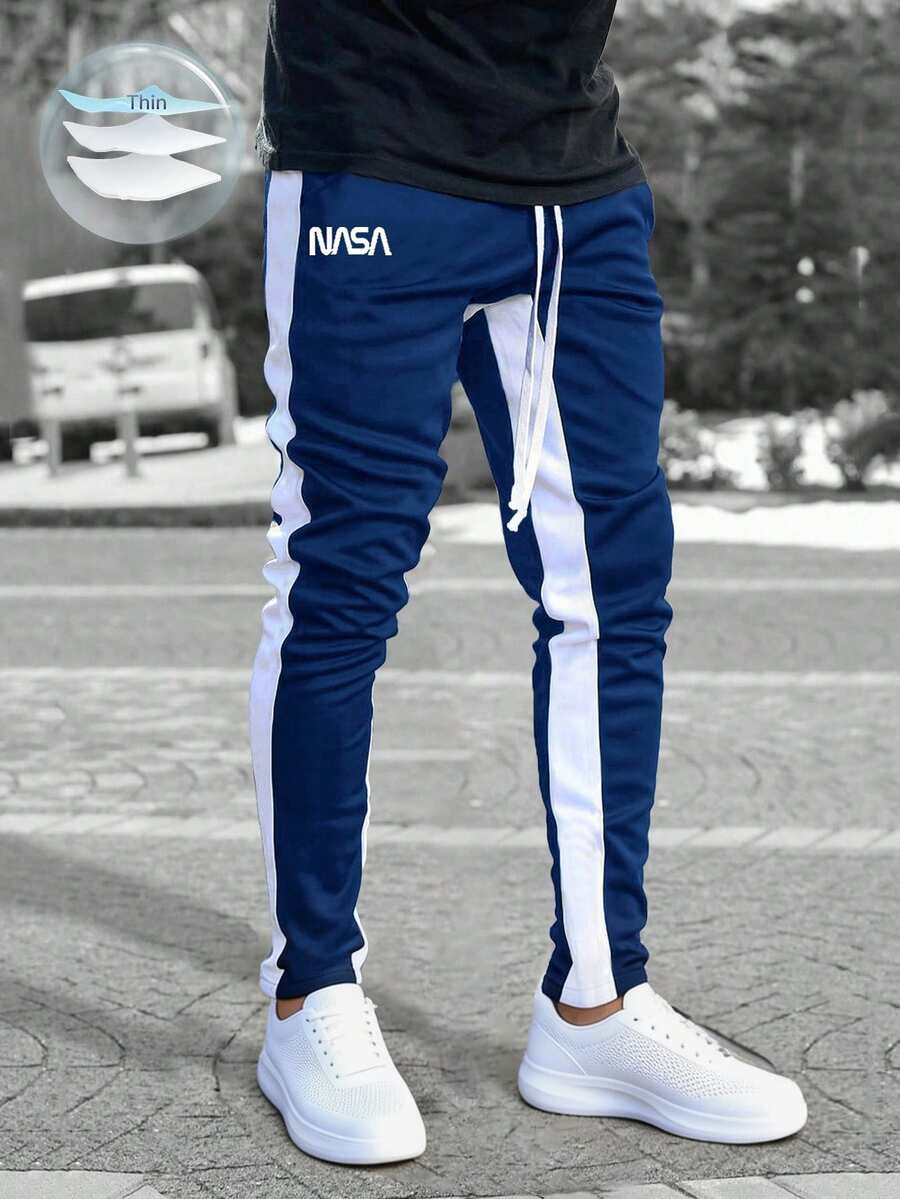 Manfinity Homme Quần nỉ nam họa tiết chữ tương phản đường may bên hông có dây rút ở eo - Màu xanh hải quân - Xem 1