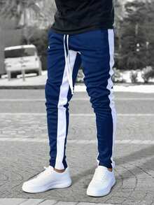 Manfinity Homme Quần nỉ nam họa tiết chữ tương phản đường may bên hông có dây rút ở eo - Màu xanh hải quân - Xem 7