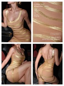 Nuvra Gaun Mini Pas Badan Tanpa Punggung dengan Motif Garis-Garis Foil Emas Mengkilap Metalik - MultiWarna - View 8