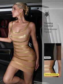 Nuvra Gaun Mini Pas Badan Tanpa Punggung dengan Motif Garis-Garis Foil Emas Mengkilap Metalik - MultiWarna - View 1