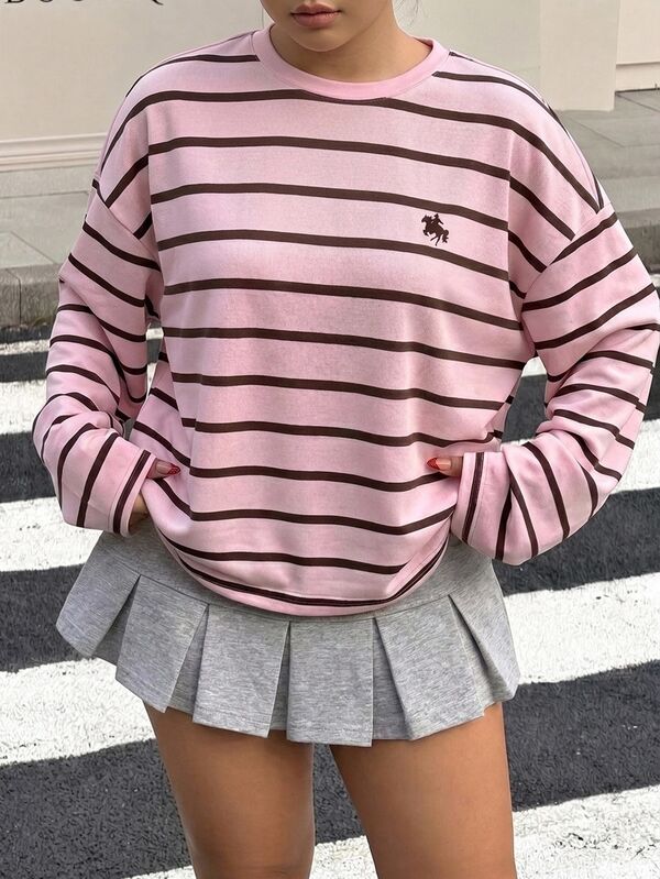 Tween Girls Casual Crew Tween Girl Neck Drop Shoulder Autumn Sweatshirt Pink Stripes