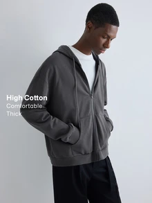 Merionis Men's Solid Color Long Sleeve Zip-Up Casual Drawstring Hoodie - Dark Grey - View 1