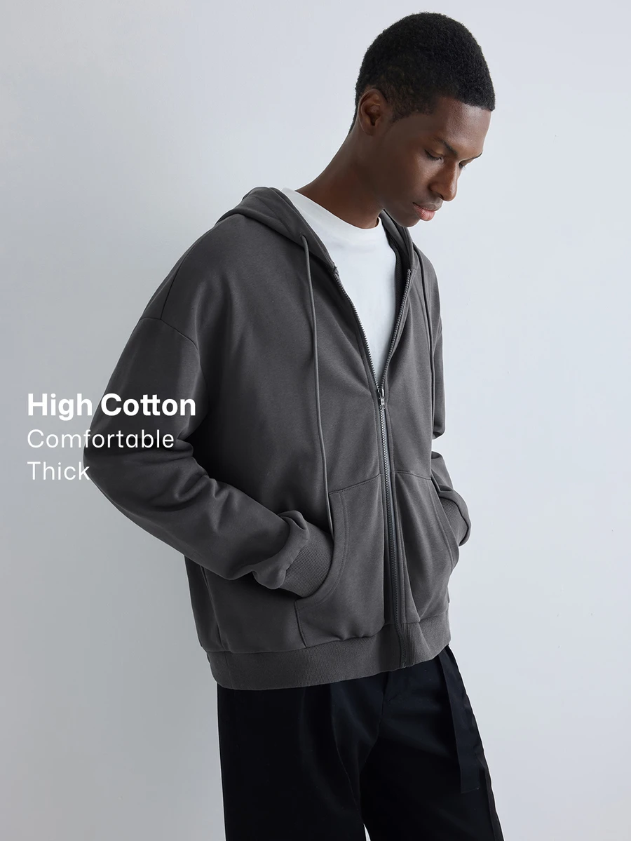 Merionis Men's Solid Color Long Sleeve Zip-Up Casual Drawstring Hoodie - Dark Grey - View 1