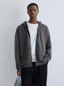 Merionis Men's Solid Color Long Sleeve Zip-Up Casual Drawstring Hoodie - Dark Grey - View 3
