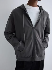 Merionis Men's Solid Color Long Sleeve Zip-Up Casual Drawstring Hoodie - Dark Grey - View 4