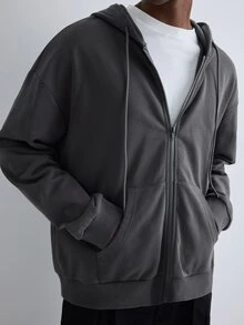 Merionis Men's Solid Color Long Sleeve Zip-Up Casual Drawstring Hoodie - Dark Grey - View 6