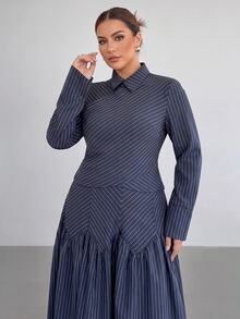 SHEIN Tall CURVE Plus Size Women Navy Blue Long Sleeve Shirt And Skirt Elegant Business Casual 2 Pieces Set Autumn Office - Navy Blue - View 6