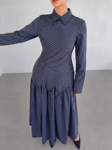SHEIN Tall CURVE Plus Size Women Navy Blue Long Sleeve Shirt And Skirt Elegant Business Casual 2 Pieces Set Autumn Office - Navy Blue - View 7