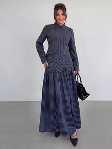 SHEIN Tall CURVE Plus Size Women Navy Blue Long Sleeve Shirt And Skirt Elegant Business Casual 2 Pieces Set Autumn Office - Navy Blue - View 3
