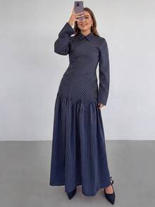 SHEIN Tall CURVE Plus Size Women Navy Blue Long Sleeve Shirt And Skirt Elegant Business Casual 2 Pieces Set Autumn Office - Navy Blue - View 5