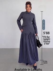 SHEIN Tall CURVE Plus Size Women Navy Blue Long Sleeve Shirt And Skirt Elegant Business Casual 2 Pieces Set Autumn Office - Navy Blue - View 1