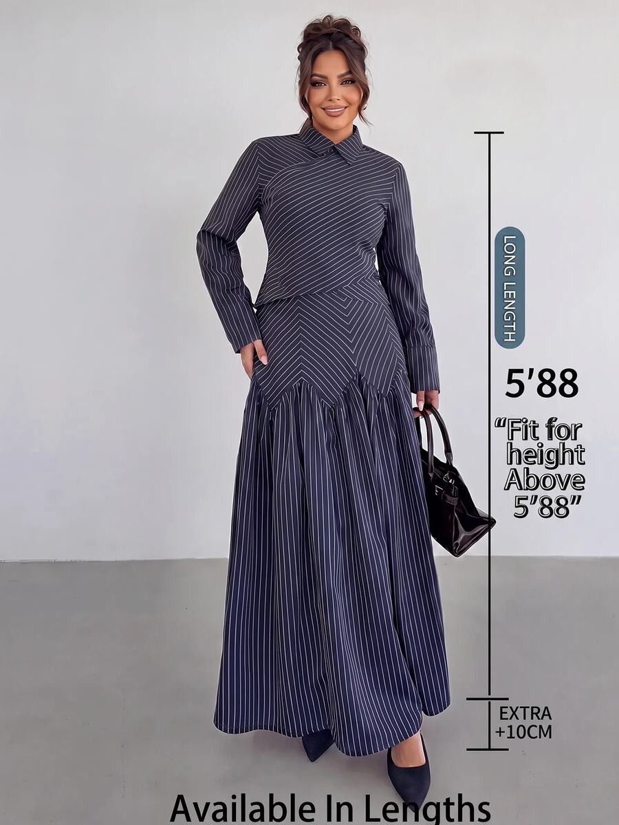 SHEIN Tall CURVE Plus Size Women Navy Blue Long Sleeve Shirt And Skirt Elegant Business Casual 2 Pieces Set Autumn Office - Navy Blue - View 1