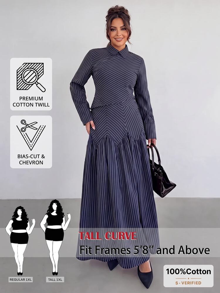 SHEIN Tall CURVE Setelan 2 Potong Wanita Ukuran Besar Warna Biru Tua Lengan Panjang dan Rok Elegan untuk Bisnis Kasual Musim Gugur untuk Kantor - Navy Blue - View 2