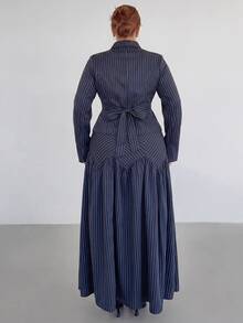 SHEIN Tall CURVE Plus Size Women Navy Blue Long Sleeve Shirt And Skirt Elegant Business Casual 2 Pieces Set Autumn Office - Navy Blue - View 4