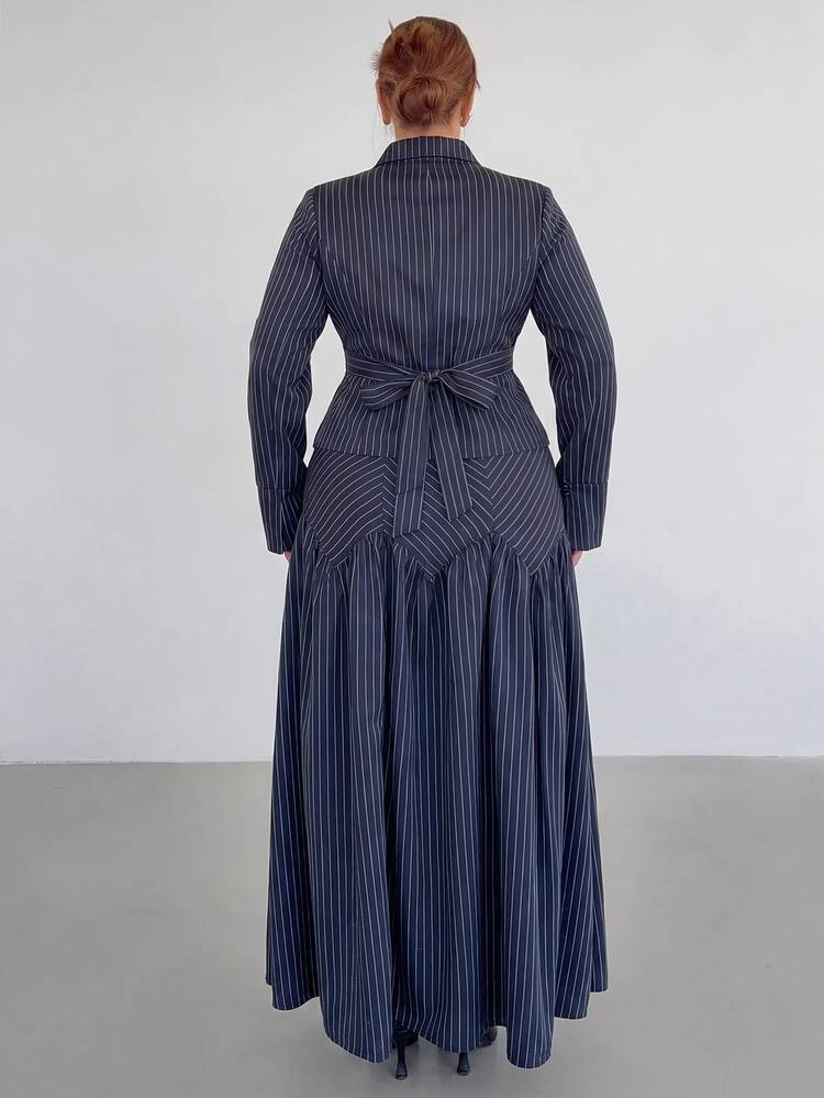SHEIN Tall CURVE Setelan 2 Potong Wanita Ukuran Besar Warna Biru Tua Lengan Panjang dan Rok Elegan untuk Bisnis Kasual Musim Gugur untuk Kantor - Navy Blue - View 4