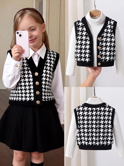 SHEIN Young Girl Elegant Pattern Metallic Button Fitted Winter Jacket, Back-To-School Autumn Career Day, Casual Chic College Style Fashionable Outerwear