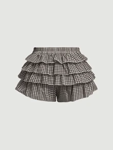 SHEIN MOD 大尺碼女款休閒低腰格紋短褲，返校季，簡約日常 - 棕色 - 查看 2