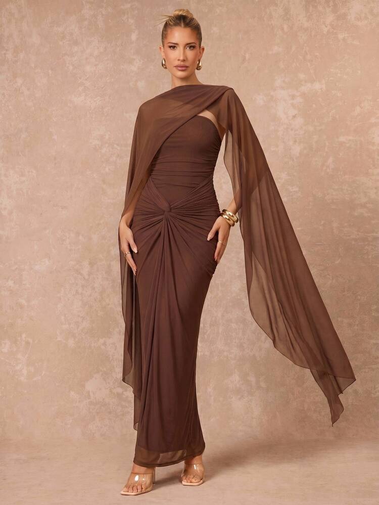 dark brown dress design Lumalex Summer Women's Solid Color Twist Strapless Elegant With Shawl Beach Dinner Formal-To-Gala Versatility Quiet Luxury Party Flair elegant brown dress