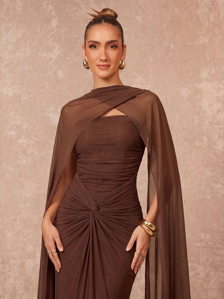 Lumalex Summer Women's Solid Color Twist Design Strapless Elegant Dress With Shawl Beach-To-Gala Versatility Quiet Luxury Meets Party Flair - Coffee Brown - View 4