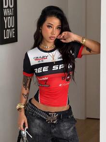 Coolane 女款夏季街頭風性感Y2K時尚電音節運動風夜店開學季日常穿搭圖案彈性撞色黑紅抹胸短袖圓領T恤，夏季女裝 - 紅色 - 查看 5