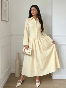 Veilorie Women's Elegant Solid Color Dress - Yellow - View 5