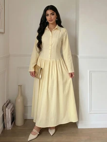 Veilorie Women's Elegant Solid Color Dress - Yellow - View 7