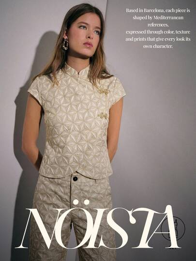 Nöista Geometric Patterned Short-Sleeve Top , Wide-Leg Pants Set With Detailed Chinese Buttons;A Coordinated Two Pieces Suited To Spring Break Outfits