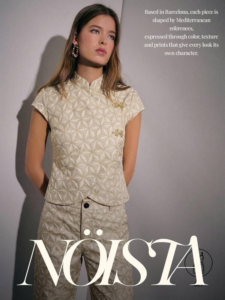 Nöista Geometric Patterned Short-Sleeve Top , Wide-Leg Pants Set With Detailed Chinese Buttons;A Coordinated Two Pieces Suited To Spring Break Outfits - Champagne - View 1