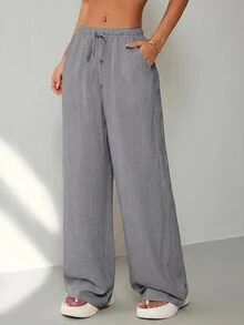 SHEIN PETITE 女款純色腰部綁帶直筒寬鬆休閒長褲 - 灰色 - 查看 6