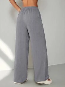 SHEIN PETITE 女款純色腰部綁帶直筒寬鬆休閒長褲 - 灰色 - 查看 2