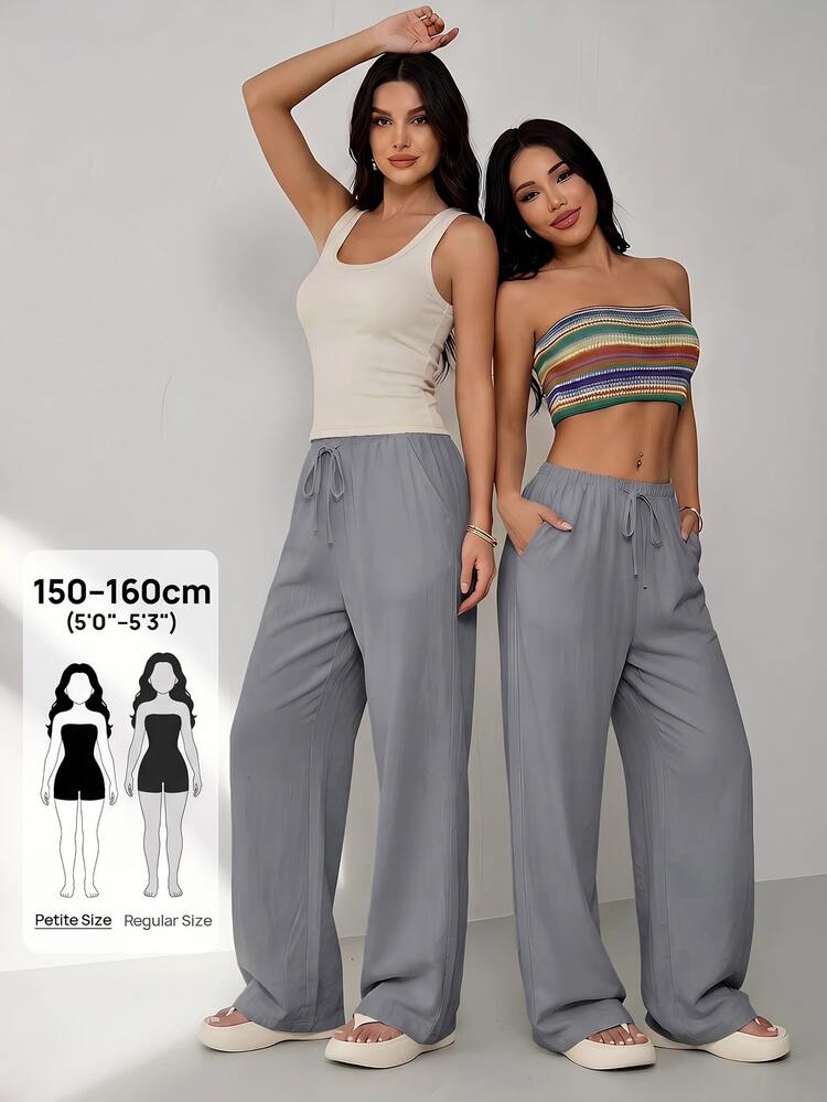 SHEIN PETITE Women's Solid Color Waist Tie Straight Leg Loose Casual Long Pants - Grey - View 3