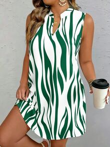 EMERY ROSE Plus Size Women's Fashion V-Neck Zebra Print Dress - Green - View 6