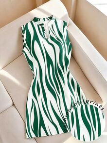 EMERY ROSE Plus Size Women's Fashion V-Neck Zebra Print Dress - Green - View 7