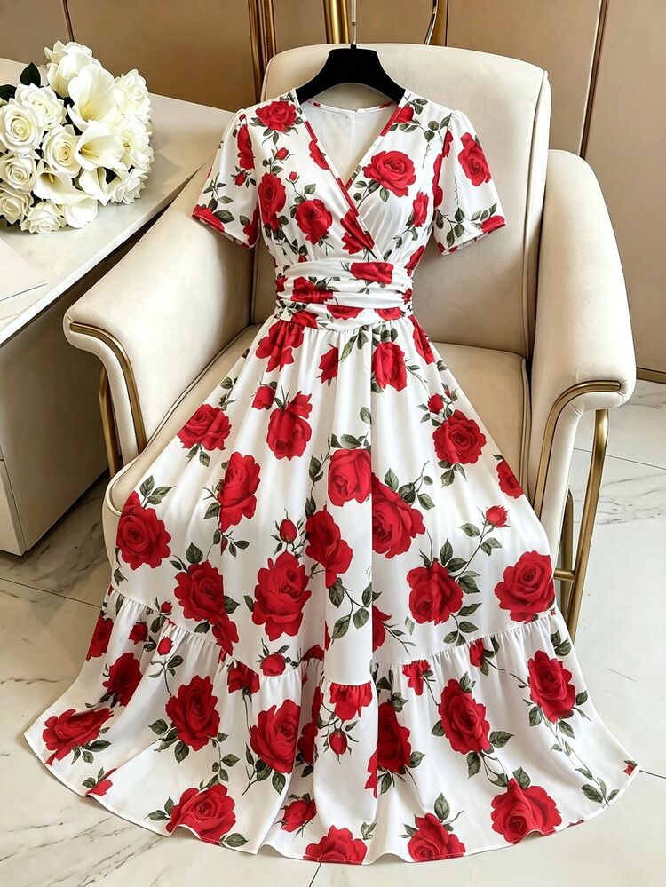GlowEve 女士玫瑰印花V领A字短袖连衣裙，优雅百搭，适合日常、度假、通勤、情人节、约会、法式街头风、复古风、派对等场合，白色底色搭配粉色玫瑰图案，早春/春夏新款长裙 - 紅色 - 查看 10