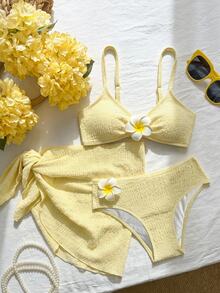 SHEIN Teen Girls' Vacation Beach Floral Decor Bikini Set - Yellow - View 6