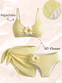 SHEIN Teen Girls' Vacation Beach Floral Decor Bikini Set - Yellow - View 5