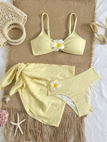 SHEIN Teen Girls' Vacation Beach Floral Decor Bikini Set - Yellow - View 1