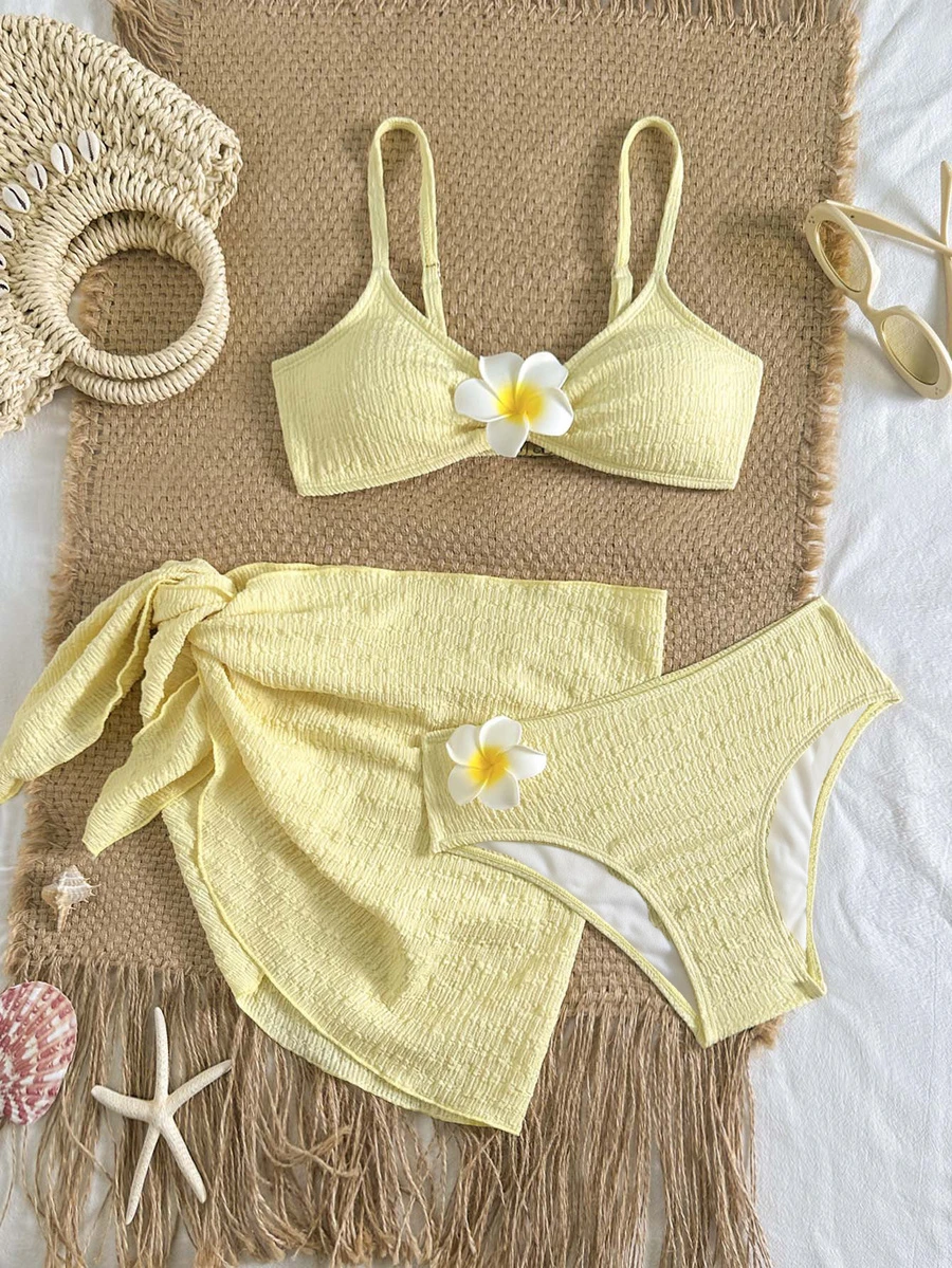 SHEIN Teen Girls' Vacation Beach Floral Decor Bikini Set - Yellow - View 1
