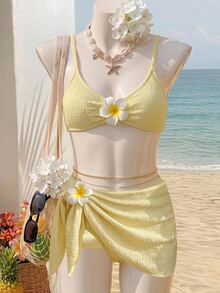 SHEIN Teen Girls' Vacation Beach Floral Decor Bikini Set - Yellow - View 3