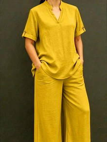 EMERY ROSE 大尺碼女款休閒皺褶缺口領短袖上衣直筒褲口袋兩件套 正式度假 春/夏 芥末黃 - 黃色 - 查看 1