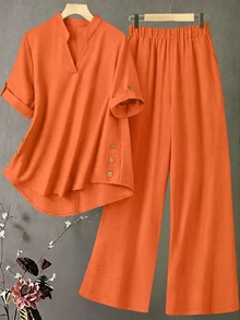 EMERY ROSE Plus Size Women's Spring/Summer Casual Crinkled Notch Neck Short Sleeve Pullover Shirt Straight Leg Pants 2-Piece Set Cruise Vacation Burnt Orange - Orange - View 8