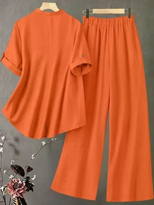 EMERY ROSE Plus Size Women's Spring/Summer Casual Crinkled Notch Neck Short Sleeve Pullover Shirt Straight Leg Pants 2-Piece Set Cruise Vacation Burnt Orange - Orange - View 4