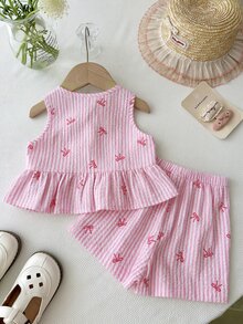 SHEIN 小女孩可爱夏季度假蝴蝶结条纹图案吊带背心和松紧腰短裤两件套 - 粉色 - 查看 2