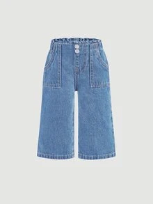 SHEIN 女婴休闲日常弹力腰阔腿牛仔裤 - 淺色水洗藍 - 查看 1