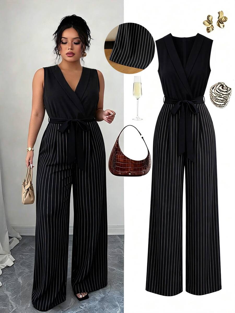 GlowEve CURVE Women's Plus Size Dark Lace-Up Jumpsuit, Fashionable For Work, Daily And Casual Wear - Multicolor - View 1