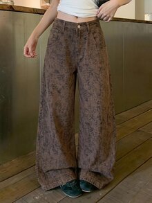 DAZY Celana Jeans Denim Kasual Wanita Model Kaki Melengkung dengan Motif Cetak Seluruh Permukaan untuk Musim Gugur - Coklat - View 7