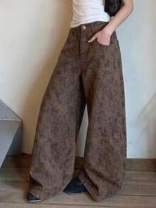 DAZY Celana Jeans Denim Kasual Wanita Model Kaki Melengkung dengan Motif Cetak Seluruh Permukaan untuk Musim Gugur - Coklat - View 8