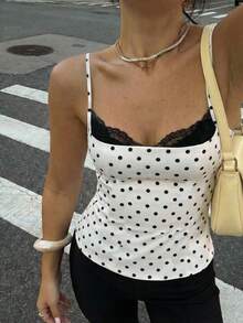 Firerie 女士优雅浪漫精致迷人假日性感黑色蕾丝领黑白波点吊带背心，Y2K性感百搭度假装，优雅休闲波点蕾丝边吊带背心，春夏必备，波点束身衣，春季女装，春假，情人节，优雅派对上衣，波点上衣 - 黑與白 - 查看 10